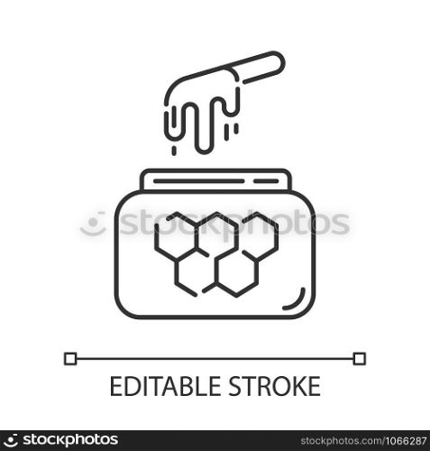 Honey waxing linear icon. Natural soft cold wax in jar with spatula. Body hair removal equipment. Thin line illustration. Contour symbol. Vector isolated outline drawing. Editable stroke