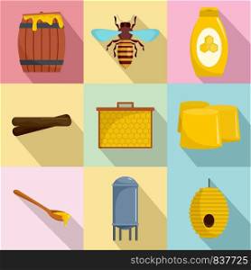 Honeybee icons set. Flat set of 9 honeybee vector icons for web isolated on white background. Honeybee icons set, flat style