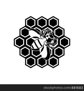 Honeycomb and bee black simple icon isolated on white background. Honeycomb and bee black simple icon