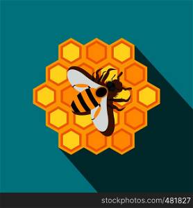 Honeycomb and bee flat icon. Colored symbol on a blue background with shadow. Honeycomb and bee flat icon