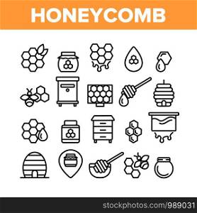 Honeycomb Collection Elements Icons Set Vector Thin Line. Bee Swarm, Beekeeper And Sweets, Nectar And Honeycomb Concept Linear Pictograms. Beekeeping Monochrome Contour Illustrations. Honeycomb Collection Elements Icons Set Vector