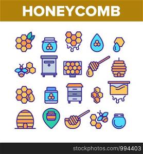 Honeycomb Collection Elements Icons Set Vector Thin Line. Bee Swarm, Beekeeper And Sweets, Nectar And Honeycomb Concept Linear Pictograms. Beekeeping Monochrome Contour Illustrations. Honeycomb Collection Elements Icons Set Vector