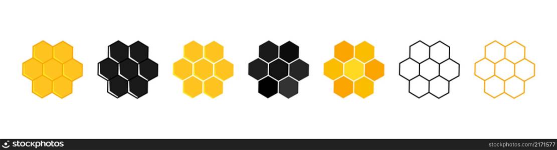 Honeycomb icons. Honeycomb of bee. Honey icons. Honey hive pattern. Beehive texture. Flat logos isolated on white background. Abstract shapes. Vector.