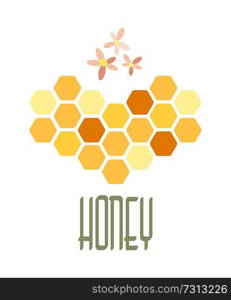 Honeycomb in the shape of a heart and the inscription  honey.  Vector illustration. Eps 10