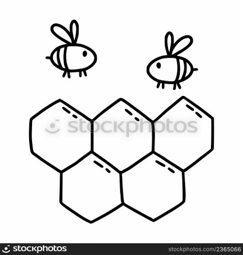 Honeycomb with bees. Vector doodle illustration. Bee honey. Contour icon.