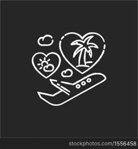 Honeymoon chalk white icon on black background. Romantic vacation after wedding, tropical journey. Travel agency service, special package tours for newlyweds. Isolated vector chalkboard illustration. Honeymoon chalk white icon on black background
