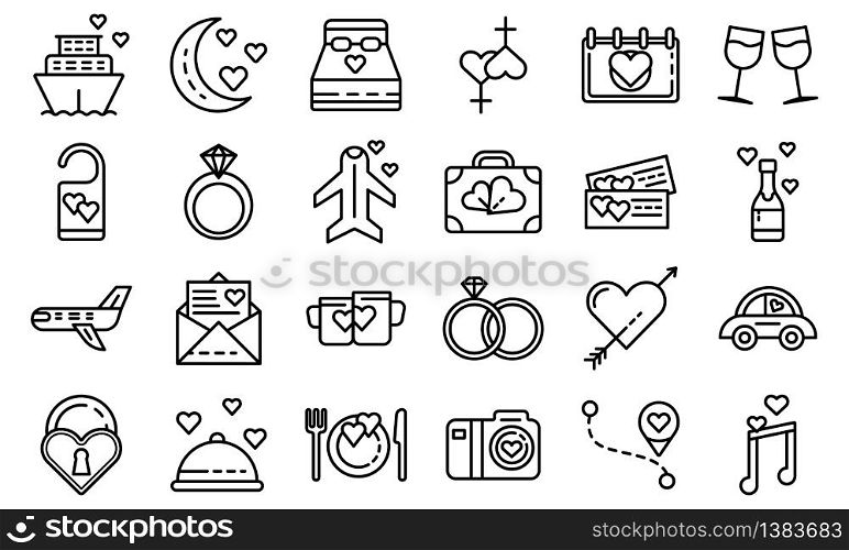 Honeymoon icons set. Outline set of honeymoon vector icons for web design isolated on white background. Honeymoon icons set, outline style
