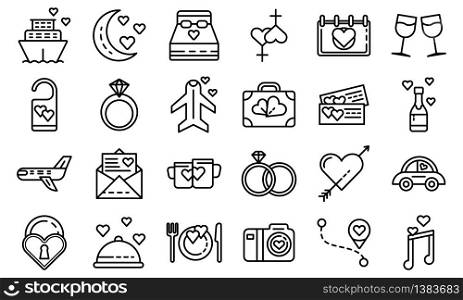 Honeymoon icons set. Outline set of honeymoon vector icons for web design isolated on white background. Honeymoon icons set, outline style