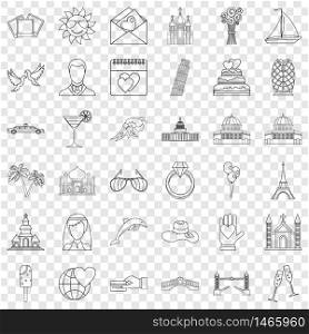Honeymoon icons set. Outline style of 36 honeymoon vector icons for web for any design. Honeymoon icons set, outline style