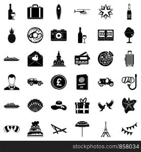 Honeymoon icons set. Simple style of 36 honeymoon vector icons for web isolated on white background. Honeymoon icons set, simple style
