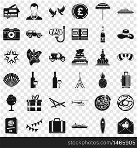 Honeymoon icons set. Simple style of 36 honeymoon vector icons for web for any design. Honeymoon icons set, simple style