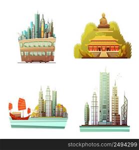 Hong kong 2x2 design concept set of history landmarks modern urban architecture and sea landscape flat vector illustration. Hong Kong 2x2 Design Concept