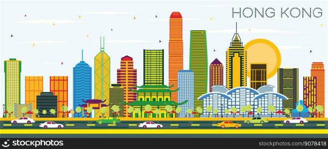 Hong Kong China City Skyline with Color Buildings and Blue Sky. Vector Illustration. Business Travel and Tourism Concept with Modern Architecture. Hong Kong Cityscape with Landmarks.