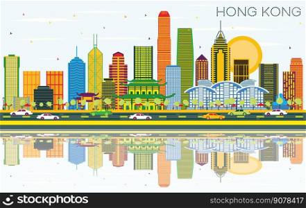 Hong Kong China City Skyline with Color Buildings, Blue Sky and Reflections. Vector Illustration. Business Travel and Tourism Concept with Modern Architecture. Hong Kong Cityscape with Landmarks.