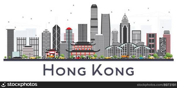Hong Kong China City Skyline with Gray Buildings Isolated on White. Vector Illustration. Business Travel and Tourism Concept with Modern Architecture. Hong Kong Cityscape with Landmarks.