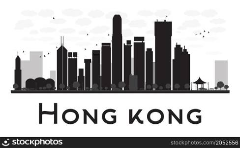 Hong Kong City skyline black and white silhouette. Vector illustration. Concept for tourism presentation, banner, placard or web site. Business travel concept. Cityscape with famous landmarks