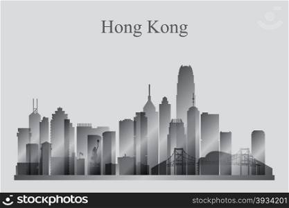 Hong Kong city skyline silhouette in grayscale, vector illustration