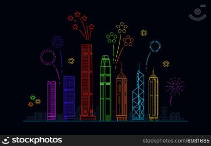 Hong kong city vector panorama with festive fireworks. China line cityscape with buildings. Building city hong kong color linear illustration. Hong kong city vector panorama with festive fireworks. China line cityscape with buildings