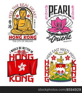 Hong Kong coat of arms, flag, Buddha and bauhinia vector t-shirt prints of Chinese travel and tourism apparel. Buddha God statue, heraldic gold dragon and lion with junk boats and crown. Hong Kong coat of arms, flag, Buddha t-shirt print