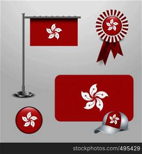 Hong Kong Country Flag haning on pole, Ribbon Badge Banner, sports Hat and Round Button. Vector EPS10 Abstract Template background