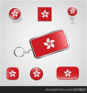 Hong Kong Country Flag on Keychain and map pin different style. Vector EPS10 Abstract Template background