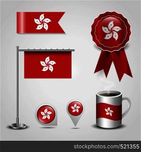 Hong Kong Country Flag place on Map Pin, Steel Pole and Ribbon Badge Banner. Vector EPS10 Abstract Template background