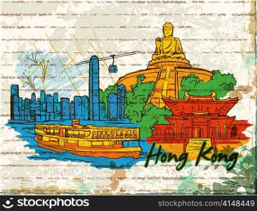 hong kong doodles with grunge background vector illustration