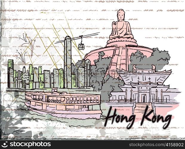 hong kong doodles with grunge background vector illustration