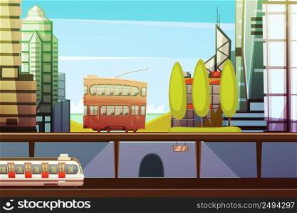 Hong kong downtown cartoon front view with city transport and town buildings elements flat vector illustration. Hong Kong Downtown Front View