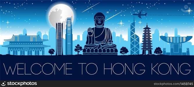 Hong Kong famous landmark night time silhouette design,vector illustration