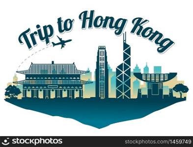 Hong Kong famous landmark silhouette style on float island,travel and tourism,dark blue green color,vector illustration