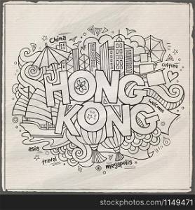 Hong Kong hand lettering and doodles elements background. Vector illustration