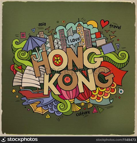 Hong Kong hand lettering and doodles elements background. Vector illustration. Hong Kong hand lettering and doodles elements background