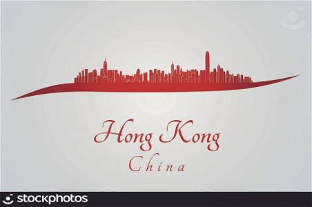 Hong Kong skyline in red and gray background in editable vector file