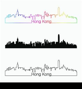 Hong Kong skyline linear style with rainbow in editable vector file