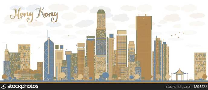 Hong Kong skyline with blue and brown buildings. Vector illustration