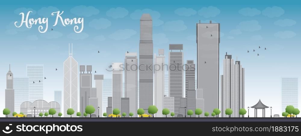 Hong Kong skyline with blue sky and taxi. Vector illustration