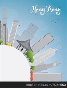 Hong Kong skyline with blue sky, taxi and copy space. Vector illustration