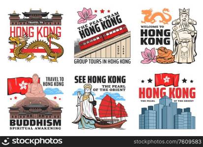 Hong Kong travel landmarks, culture and history city sightseeing tours, tourism agency vector icons. Welcome to Hong Kong, Buddhist temples and pagodas, peak tram and red sails boat on river. Welcome to Hong Kong, travel and culture icons