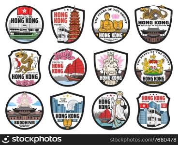 Hong Kong travel landmarks icons. Vector ferryboat, doubledecker tram and junk boat, Buddha, golden bauhinia flower and Hong Kong dragon, god of fortune, sea goddess and coat of arms, Buddhist temple. Hong Kong landmarks, culture and religion icons