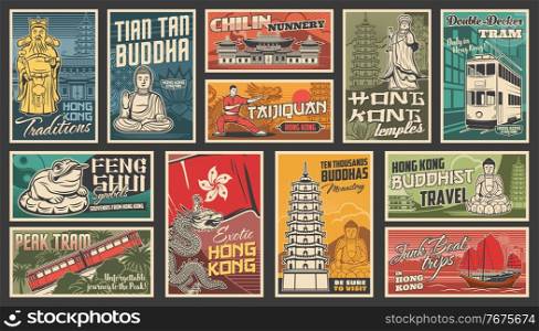 Hong Kong travel vector Chinese landmarks. Dragon, traditional ancient pagoda building architecture, buddha statue and Hongkong flag with orchid, temple and feng shui frog. Asian tourism retro posters. Hong Kong travel vector Chinese landmarks posters