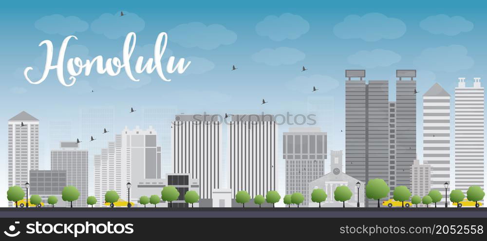 Honolulu Hawaii skyline with grey buildings and blue sky. Vector illustration