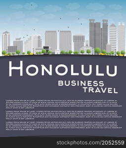 Honolulu Hawaii skyline with grey buildings, blue sky and copy space. Business travel concept. Vector illustration