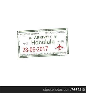 Honolulu, visa st&, arrived to Hawaii mark in passport isolated. Vector official immigration document template. Arrived to Honolulu airport visa st&template