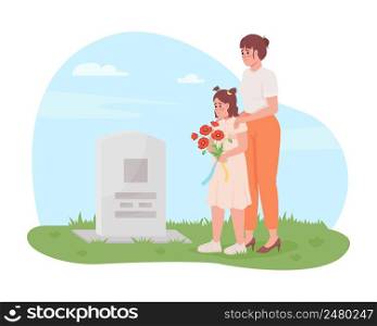 Honor of fallen Ukrainian hero 2D vector isolated illustration. Mother and daughter on grave flat characters on cartoon background. Memorial day colourful scene for mobile, website, presentation. Honor of fallen Ukrainian hero 2D vector isolated illustration