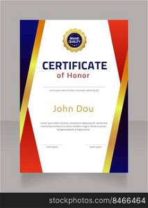 Honour certificate for academic performance design template. Vector diploma with customized copyspace and borders. Printable document for awards and recognition. Cairo, Calibri Regular fonts used. Honour certificate for academic performance design template