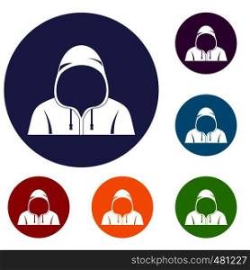 Hood icons set in flat circle red, blue and green color for web. Hood icons set