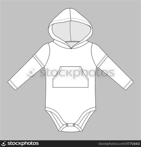 hooded double sleeve baby body suit with kangaroo pocket. Flat sketch template isolated on grey background