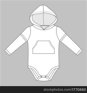 hooded double sleeve baby body suit with kangaroo pocket. Flat sketch template isolated on grey background