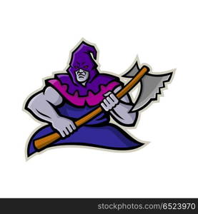 Hooded Medieval Executioner Mascot. Mascot icon illustration of a hooded medieval or absolutist executioner or headsman carrying an axe viewed from front on isolated background in retro style.. Hooded Medieval Executioner Mascot